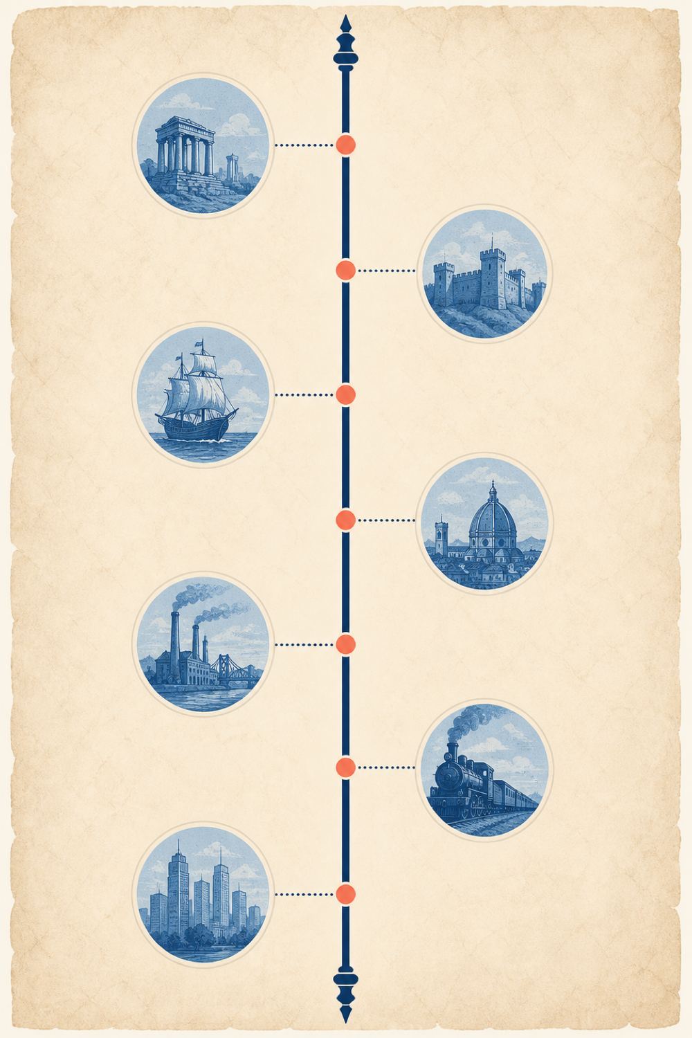 Abstract timeline spine with milestone markers
